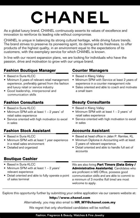 chanel careers new jersey|chanel job description.